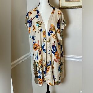 Francesca's Cream Kimono Coverup Teal Blue Orange Green Floral Viscose One Size